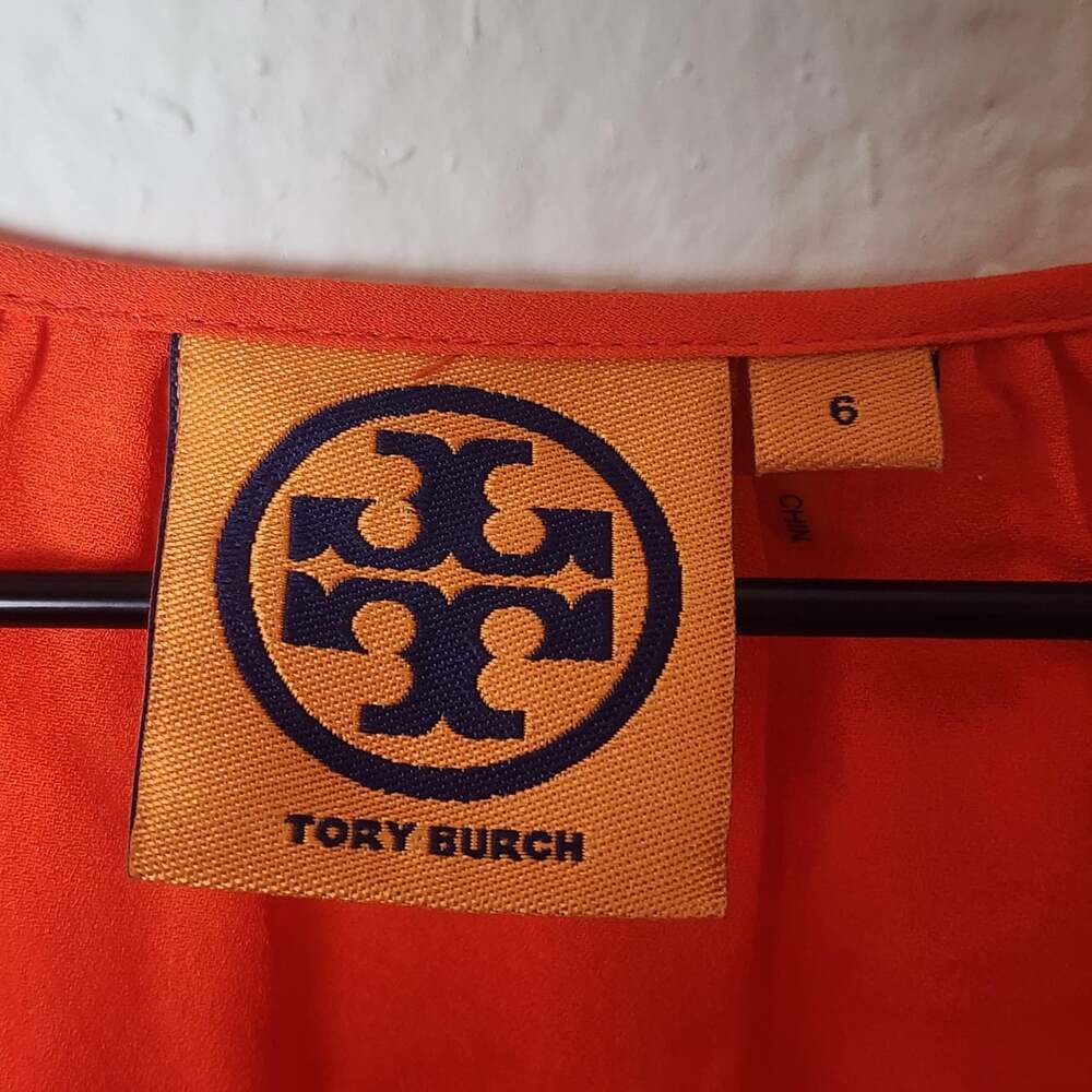 Tory Burch Blouse Womens 6 Orange Silk Long Sleeve Scoop Neck Top Pullover - Picture 5 of 11